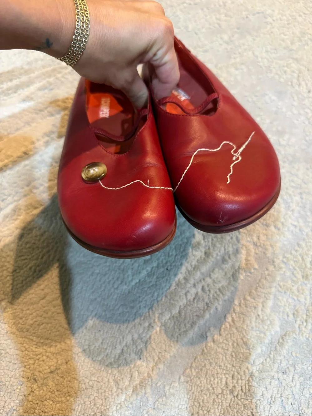 Camper Red Leather Ballet Flats needle and thread Stitch Accent Button 38 / 7.5